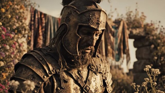 A man in armor stands amidst flowers, contemplating the surroundings. Behind the man, colorful fabrics hang, creating a contrast against the natural scenery.
