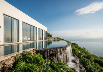Luxury white building with infinity pool and waterfall overlooking ocean