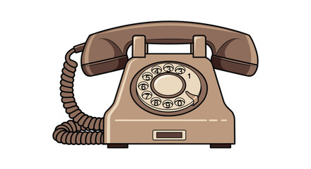 A vintage brown rotary dial telephone is depicted in a simple flat illustration style silhouette high quality professional detailed modern elegant