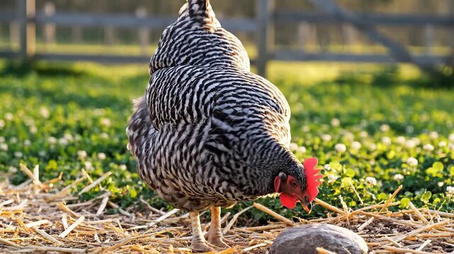 A chicken walks across a grassy area, pecking at the ground. The chicken has a striped pattern and moves among the green clovers and dry straw.