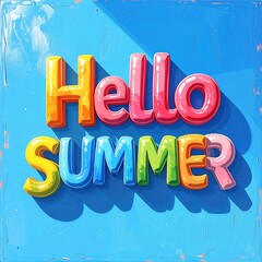 Brightly colored 3D "Hello Summer" text, against a textured blue background under strong sunlight