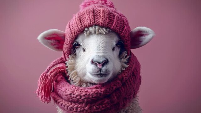 Playful lamb stands adorably dressed in pink knit hat matching scarf against pastel pink indoor backdrop, creating cozy, whimsical atmosphere, showcasing its endearing features in soft, warm setting