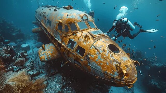 Scuba diver conducts meticulous inspection of a coral-encrusted submarine wreck, teeming with diverse marine life and vibrant fish, illuminated by shimmering sunlight filtering through the ocean water