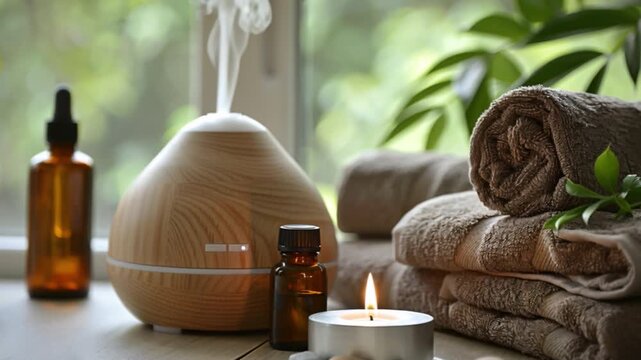 Serene aromatherapy setup combines essential oils in diffuser, a lit candle, and neatly folded towels amidst lush greenery, enveloping the space in calming tranquility for a deeply relaxing atmosphere