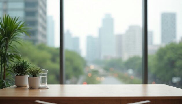Minimalist office desk with potted plants offers city view through large window. Empty table surface invites placement of work items in modern urban workspace. Natural light filters through glass.