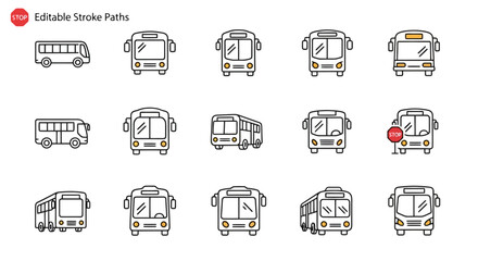 Collection of bus icons in various styles and perspectives. © Kisanak