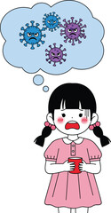 Little girl distressed by thoughts of germs and viruses vector illustration
