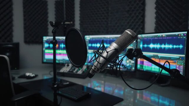 Professional audio recording studio setup with three monitors showing colorful waveforms, condenser microphone on boom arm with pop filter, and acoustic foam panels, symbolizing podcasting, broadcasti