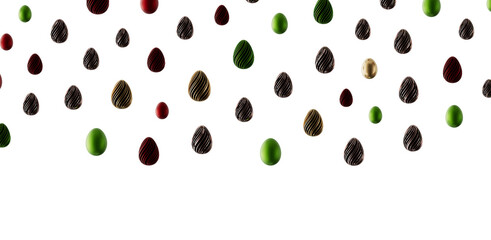 Colorful Easter eggs scattered on a white background, perfect for holiday greetings and designs. Suitable for Springtime © vegefox.com