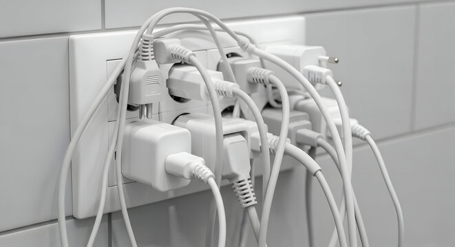 Overloaded electrical outlet with multiple plugs and chargers.