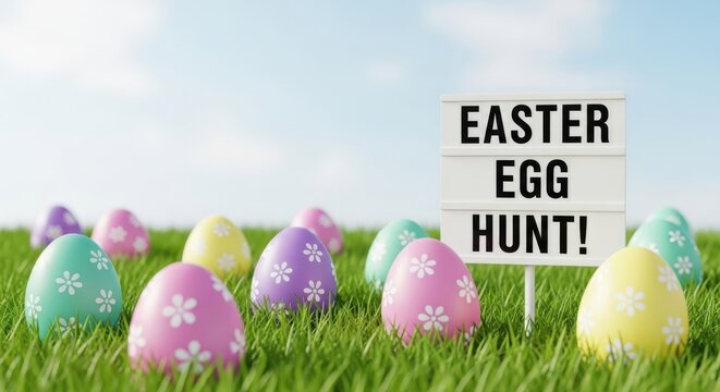 Easter egg hunt sign on green grass field with colorful eggs representing spring season