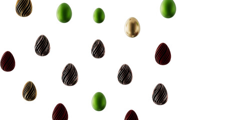 Decorative Easter egg arrangement with chocolate and painted designs on white. Perfect for holidays, Spring, happiness,