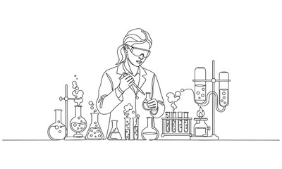 Single continuous line drawing female scientist immersed in research. Dedication to scientific discovery scientist and laboratory equipment