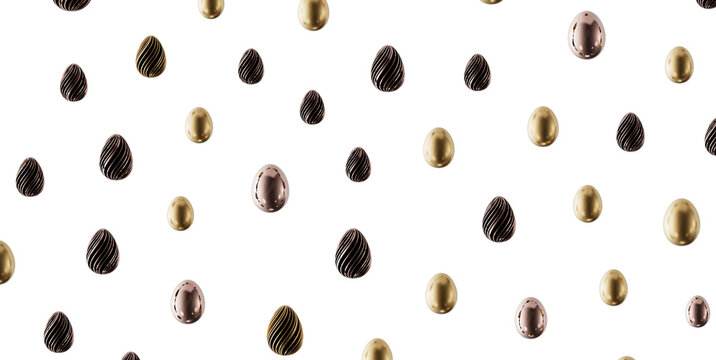 Decorative Easter egg pattern with various colors, perfect for holidays, backgrounds, and design elements. Gold and bron