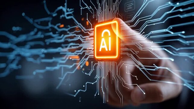 Hand interacting with AI security icon
