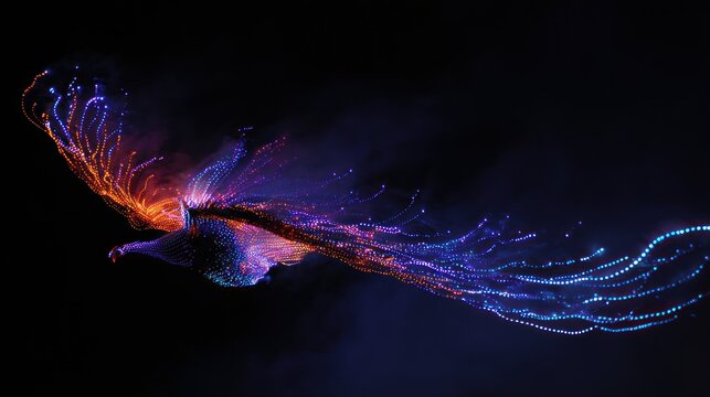 Abstract phoenix bird art composition with glowing light effects against black backdrop