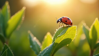 Obraz premium Red ladybug with black spots rests on green leaf with water drops. Sun shines in garden. Insect prepares to fly. Nature macro photography. Gentle morning light.