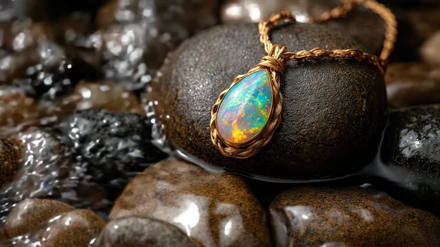 Intricately Designed Opal Pendant Resting on Dark Pebbles Near Water with Vibrant Reflections and Distinctive Colors