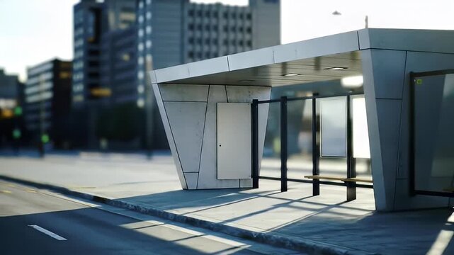 Modern bus shelter with glass walls and benches stands on a city street bathed in soft morning light representing public transportation and urban infrastructure