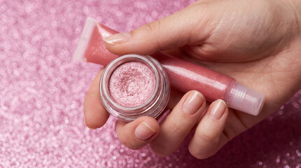 Hand holding pink beauty makeup.