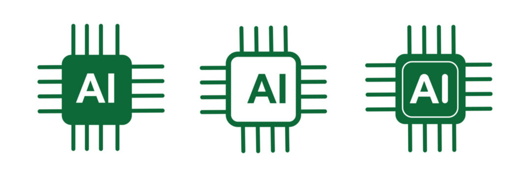 AI brain chip icon set, modern artificial intelligence technology symbol, machine learning vector design on transparent background