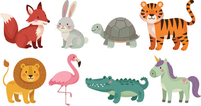 Cute Cartoon Animal Characters Vector Illustration Set with Fox Rabbit Turtle Tiger Lion Crocodile Unicorn Kids Flat Design