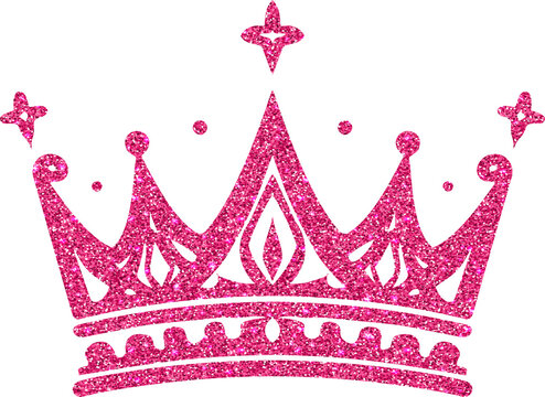 A sparkling pink glitter crown with ornate details and decorative stars on a black background, creating a bold and glamorous royal design.