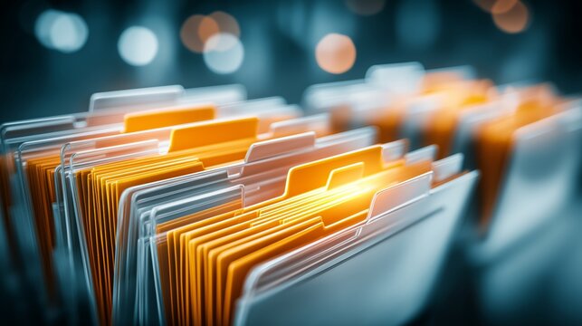 Transparent enterprise folders with warm colors on a desk at an office during the day