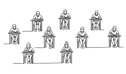 Abstract Continuous Line Drawing Students Sitting Exam Desks Offline School Concept Vector