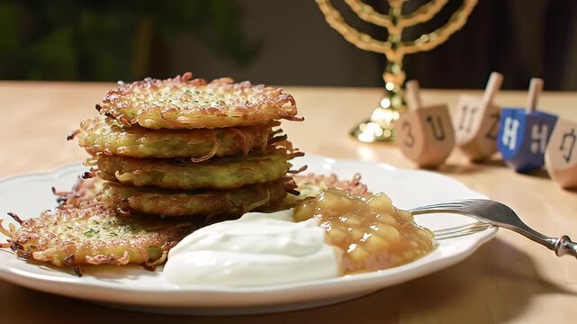 Stacked Latkes with Applesauce and Sour Cream - A Festive Hanukkah Celebration Dish Ready to Delight Holiday Diners
