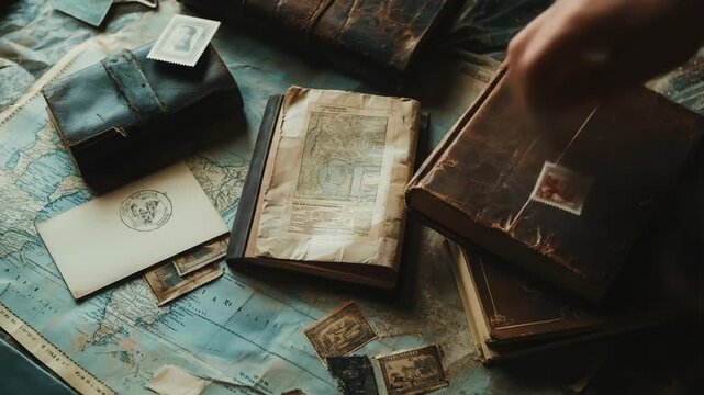 Vintage books and maps composition exploration history education concept
