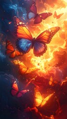 Obraz premium Butterflies flutter through a vibrant sky filled with colorful clouds and soft light