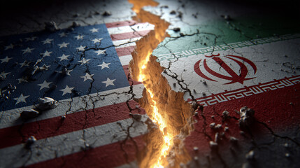 Cracked ground with flags of the United States and Iran, symbolizing conflict and division, illuminated by a glowing fissure, concept of diplomatic rivalry, sanctions, Middle East politics