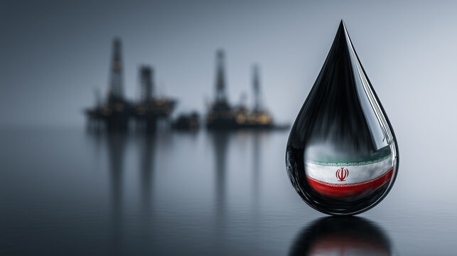 Oil drop with Iranian flag reflection in a dark setting, with oil rigs blurred in the background, symbolizing the oil industry and energy resources in the Middle East, concept of crude oil geopolitics