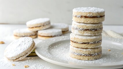 Stacked alfajores on white plate, delicate shortbread cookies with dulce de leche