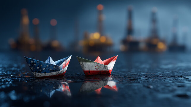 Paper boats representing United States and Iran flags on spilled oil surface with oil rigs in the background, symbolizing geopolitical tensions and maritime trade issues, Middle East relations