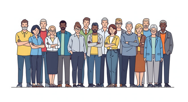 Diverse group of people standing together in a line, united and confident, facing the camera with varied expressions and attire, an illustrative representation of community and togetherness.