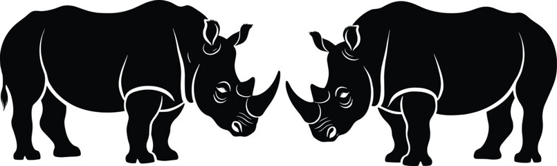 Black, rhinoceros, silhouette, vector, illustration, two, rhinos, facing, each, other, confrontation, concept, isolated, on, white, background, wildlife, safari, animal, icon. © ferdousi