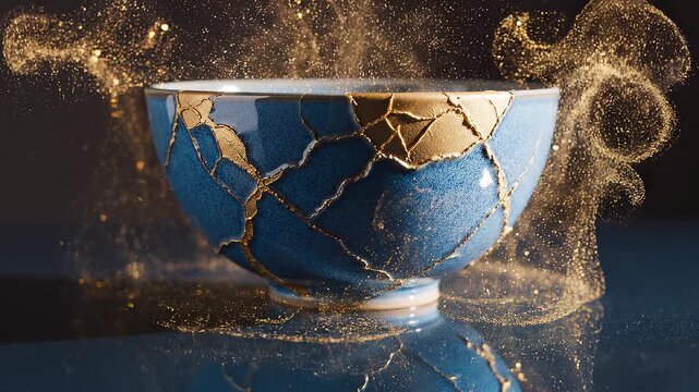 Blue ceramic bowl repaired with golden Kintsugi lines surrounded by swirling golden particles, symbolizing beauty in imperfection, resilience, and transformation&hellip;