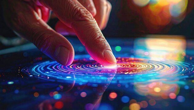 Futuristic finger touching glowing digital interface with data visualization.