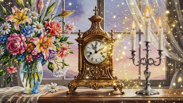 A beautiful vase of colorful flowers sits next to an ornate clock on a wooden table. Gentle light filters through a window, illuminating the flowers and clock.