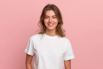 Fototapeta premium Smiling Young Woman in White T Shirt on Pink Background