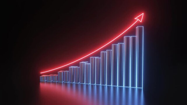 3D bar chart with glowing red arrow rising above blue bars against dark background, symbolizing growth, upward trend, and financial improvement&hellip;
