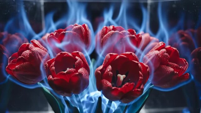 vibrant red tulips surrounded by a blue flame effect. These red tulips appear dewy and striking within the clear container.