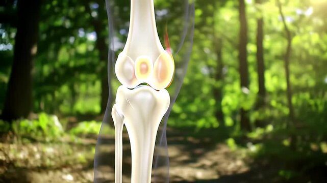 Detailed anatomical illustration of a human knee joint superimposed over a lush forest scene symbolizing nature s healing power and orthopedic health concepts