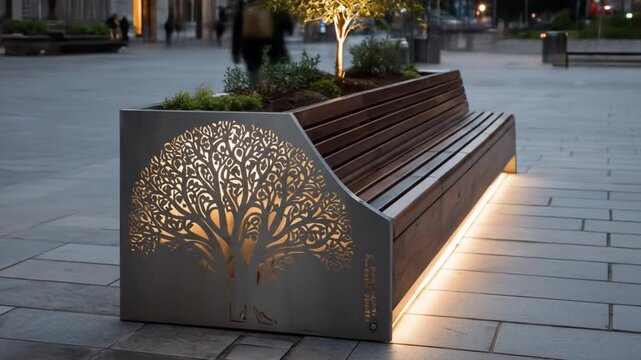 Modern illuminated bench in public space with decorative tree motif