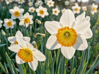 Fototapeta premium White narcissus blooming in a spring daffodil field
