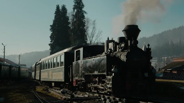 Mocanita steam train pulls into the station in Romania. The old locomotive emits smoke as visitors wait to board for their trip through the mountains.