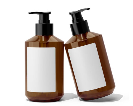Amber Shampoo Bottle With Blank Label, Dispenser Bottle packaging Isolated On Transparent Background, Prepared For Mockup, 3D Render.
