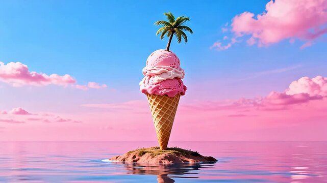 Ice cream cone with palm tree on island
